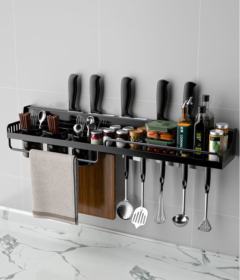 No punching black aluminum kitchen wall-mounted multi-function kitchenware seasoning bottle holder organize storage rack