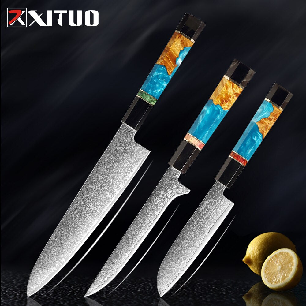 XITUO Damascus Stainless Steel Kitchen Knives Set High Quality Chef Knife Cleaver Paring Knife Stable wood&resin&horn Handle