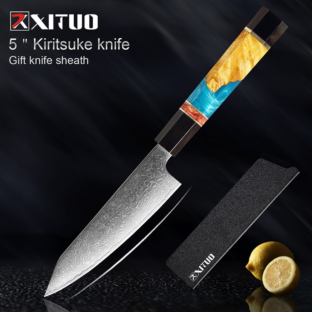 XITUO Damascus Stainless Steel Kitchen Knives Set High Quality Chef Knife Cleaver Paring Knife Stable wood&resin&horn Handle