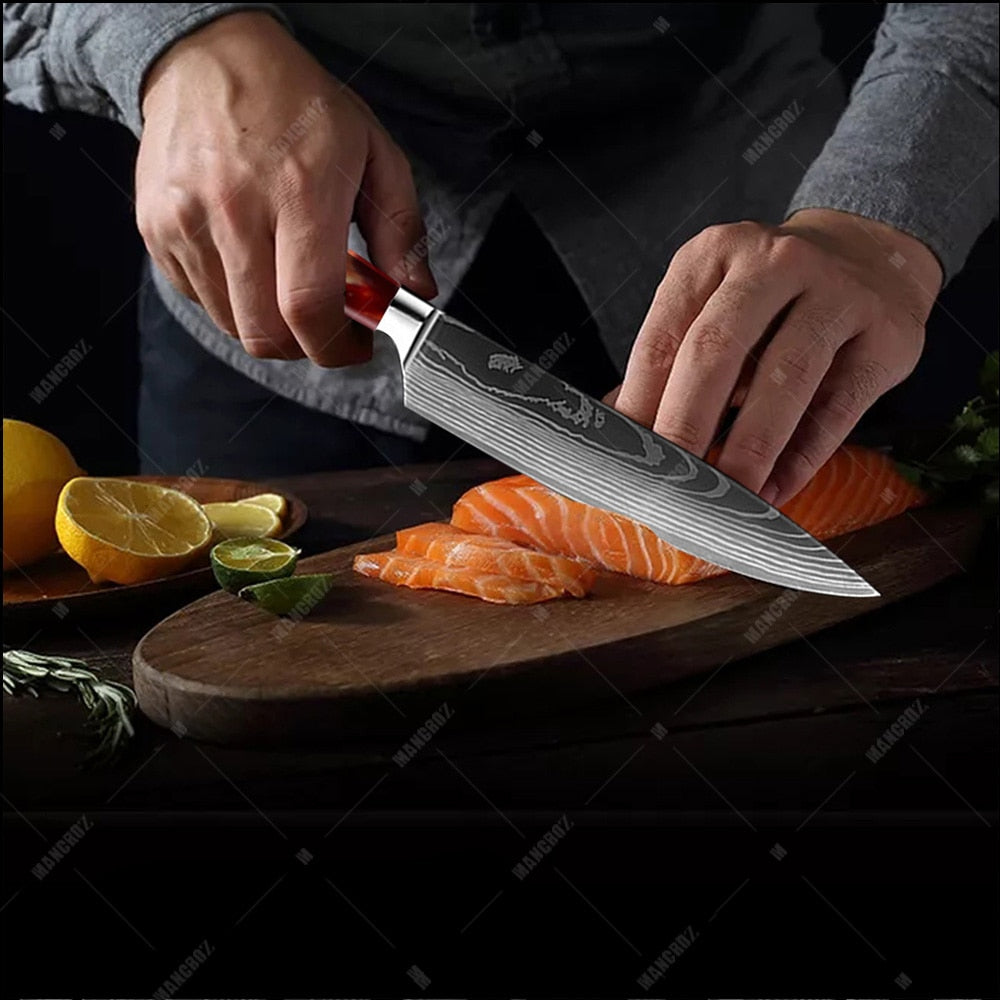 Utility Kitchen Knives Set Resin Handle Laser Damascus Pattern Chef Knife Sharp Santoku Cleaver Slicing Knives