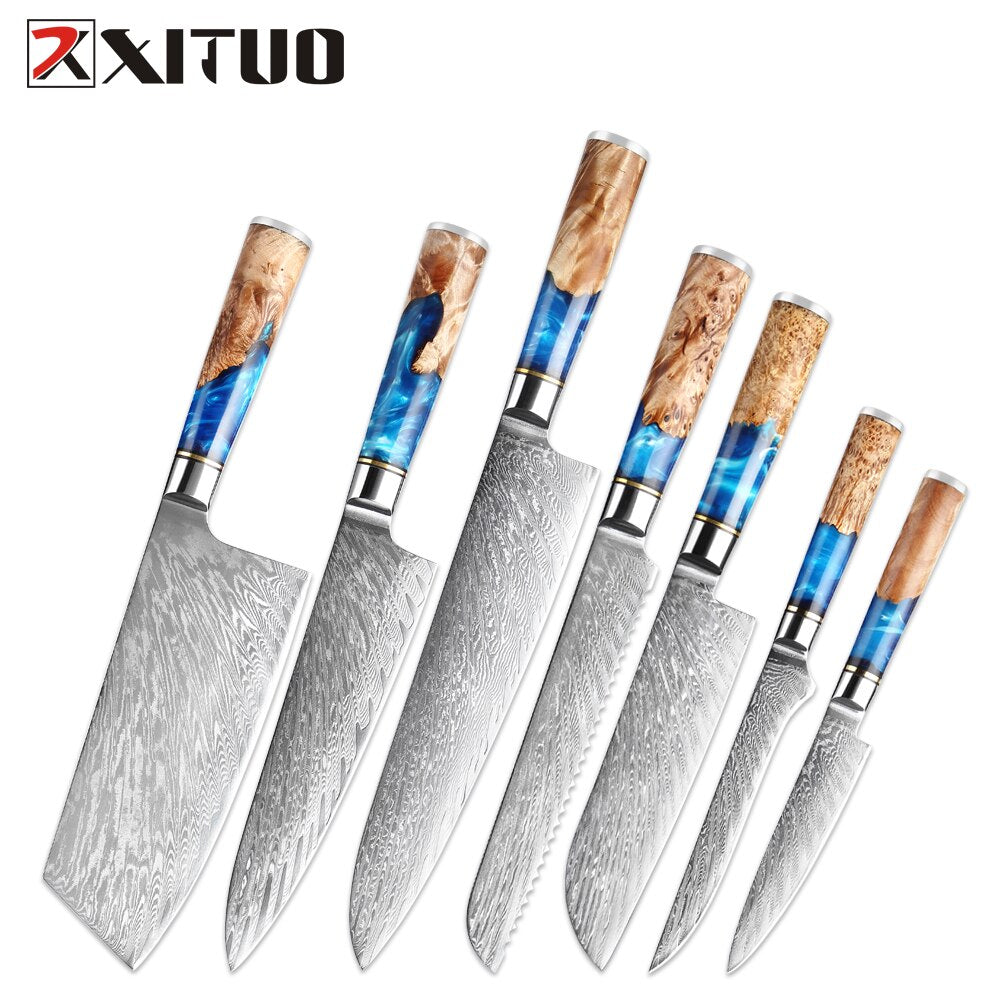 XITUO Kitchen Knives-Set Damascus Steel VG10 Chef Knife Cleaver Paring Bread Knife Blue Resin and Color Wood Handle Cooking Tool