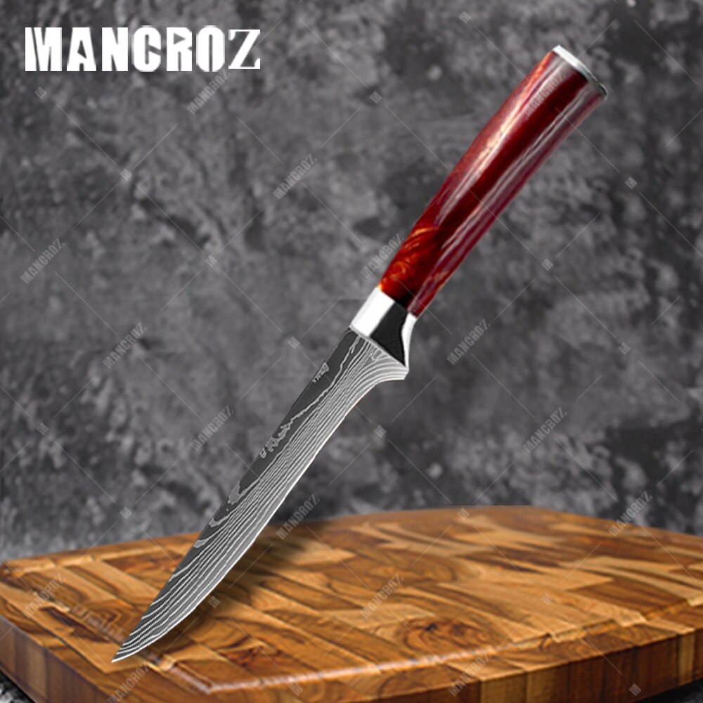 Utility Kitchen Knives Set Resin Handle Laser Damascus Pattern Chef Knife Sharp Santoku Cleaver Slicing Knives